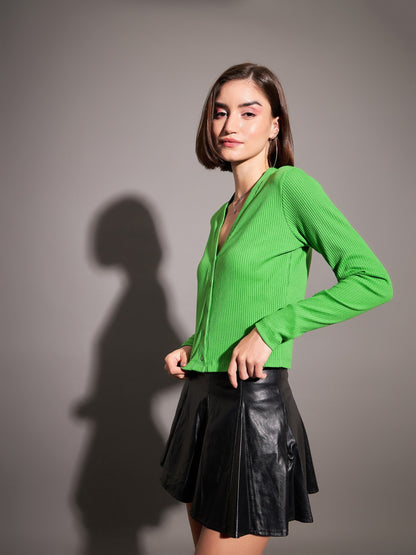 Green Rib Front Open Cardigan Top