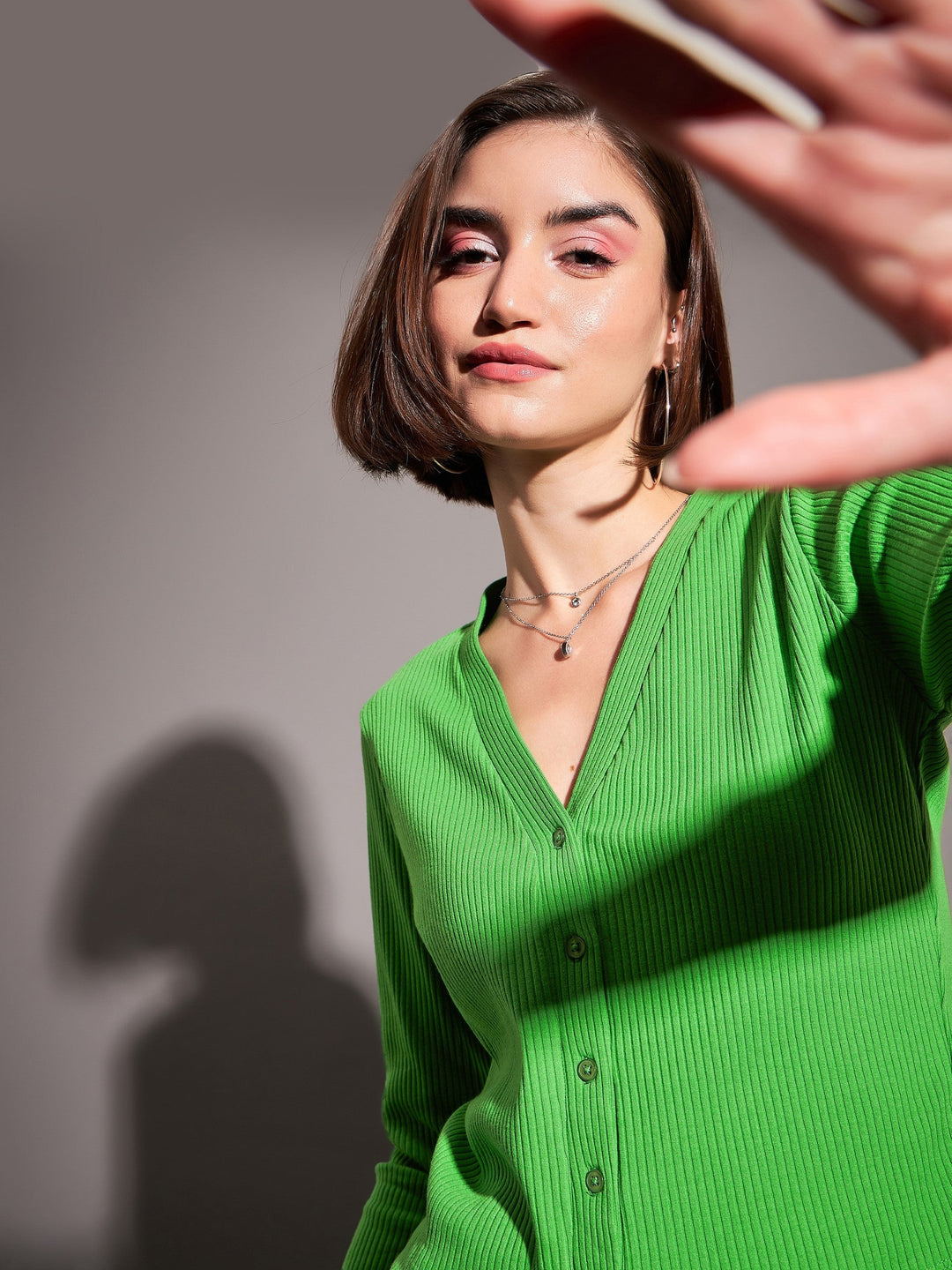 Green Rib Front Open Cardigan Top