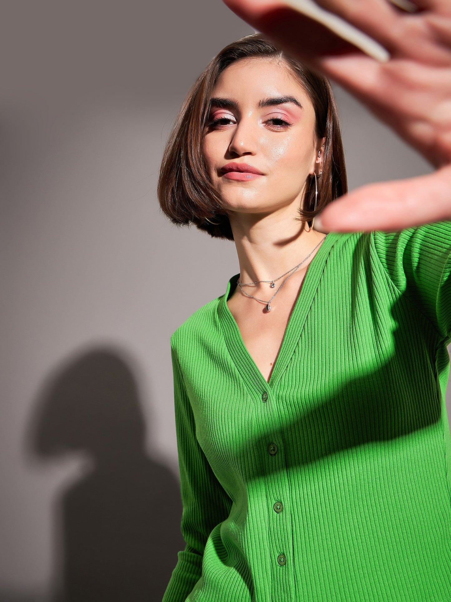 Green Rib Front Open Cardigan Top