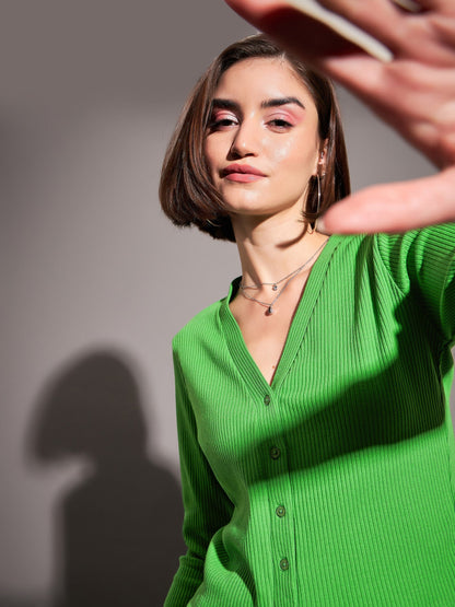 Green Rib Front Open Cardigan Top