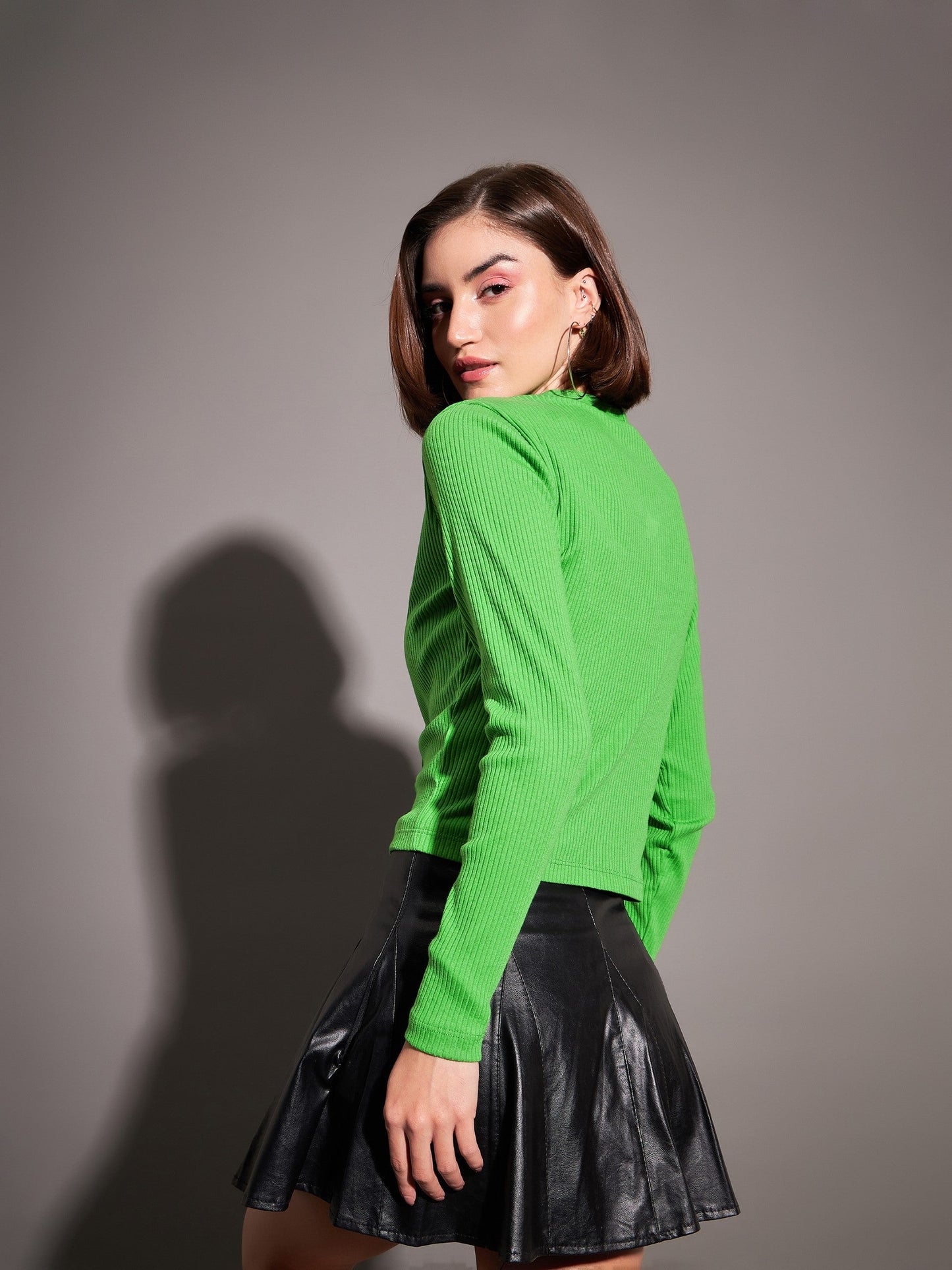 Green Rib Front Open Cardigan Top