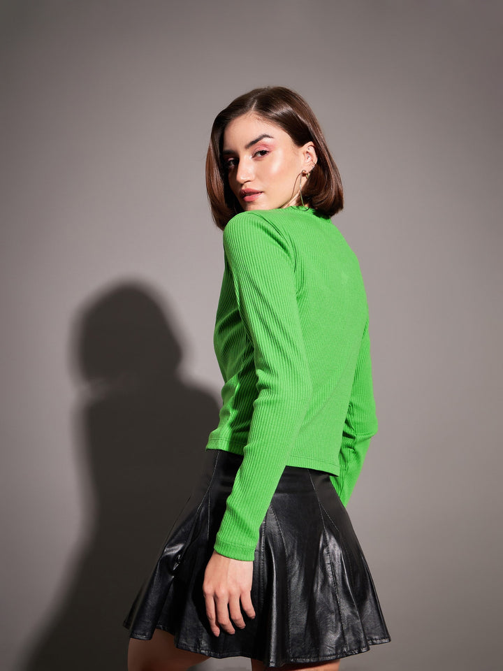 Green Rib Front Open Cardigan Top