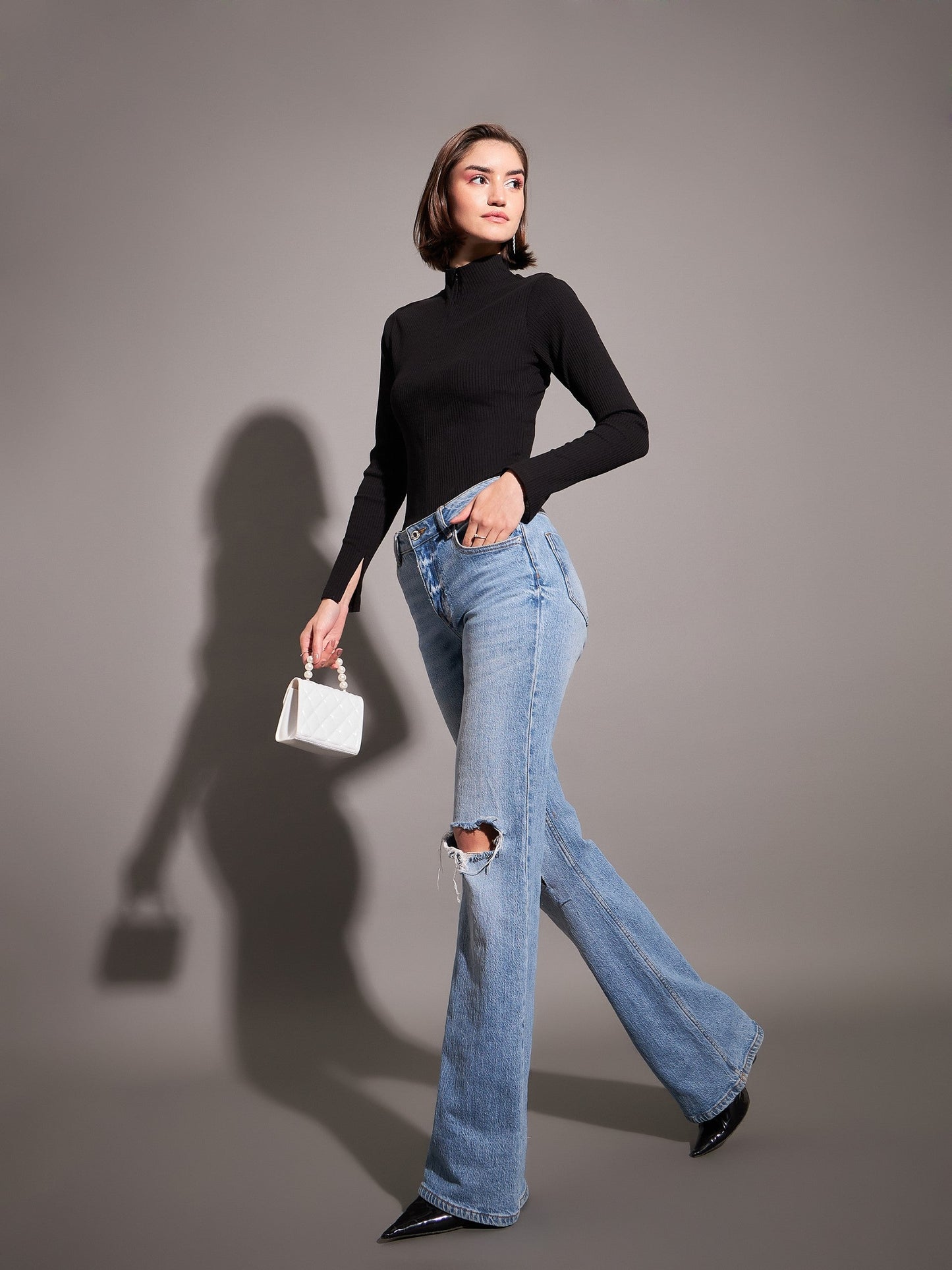 Women Black Rib High Neck Front Zipper Top