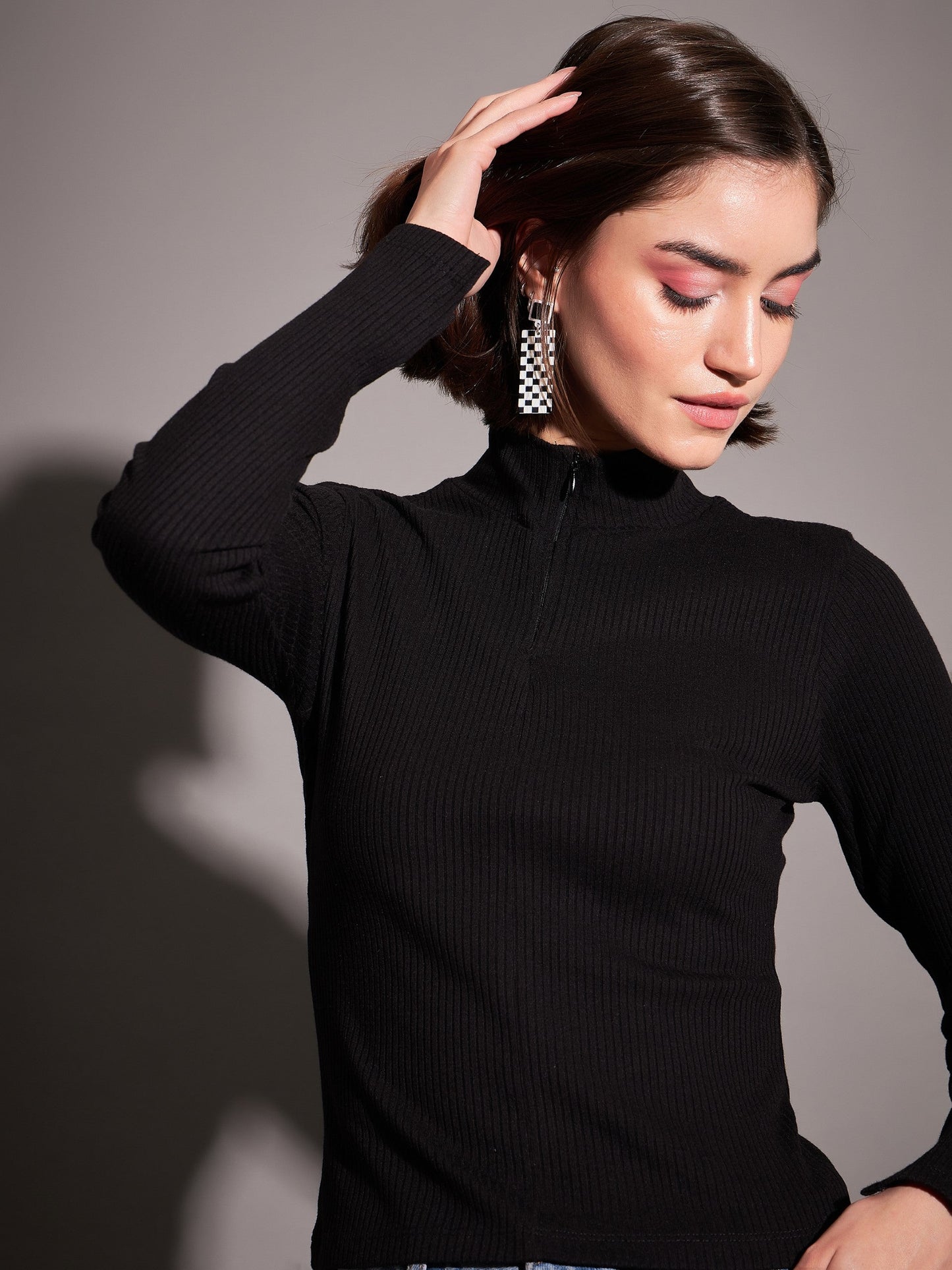 Women Black Rib High Neck Front Zipper Top