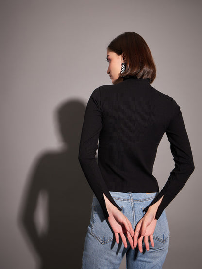 Women Black Rib High Neck Front Zipper Top