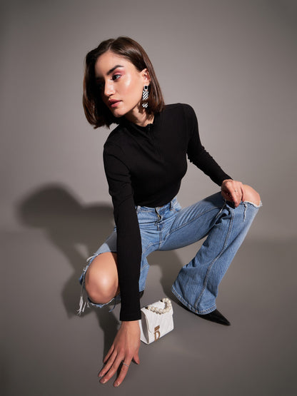 Women Black Rib High Neck Front Zipper Top