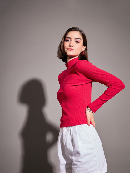 Pink Rib High Neck Front Zipper Top