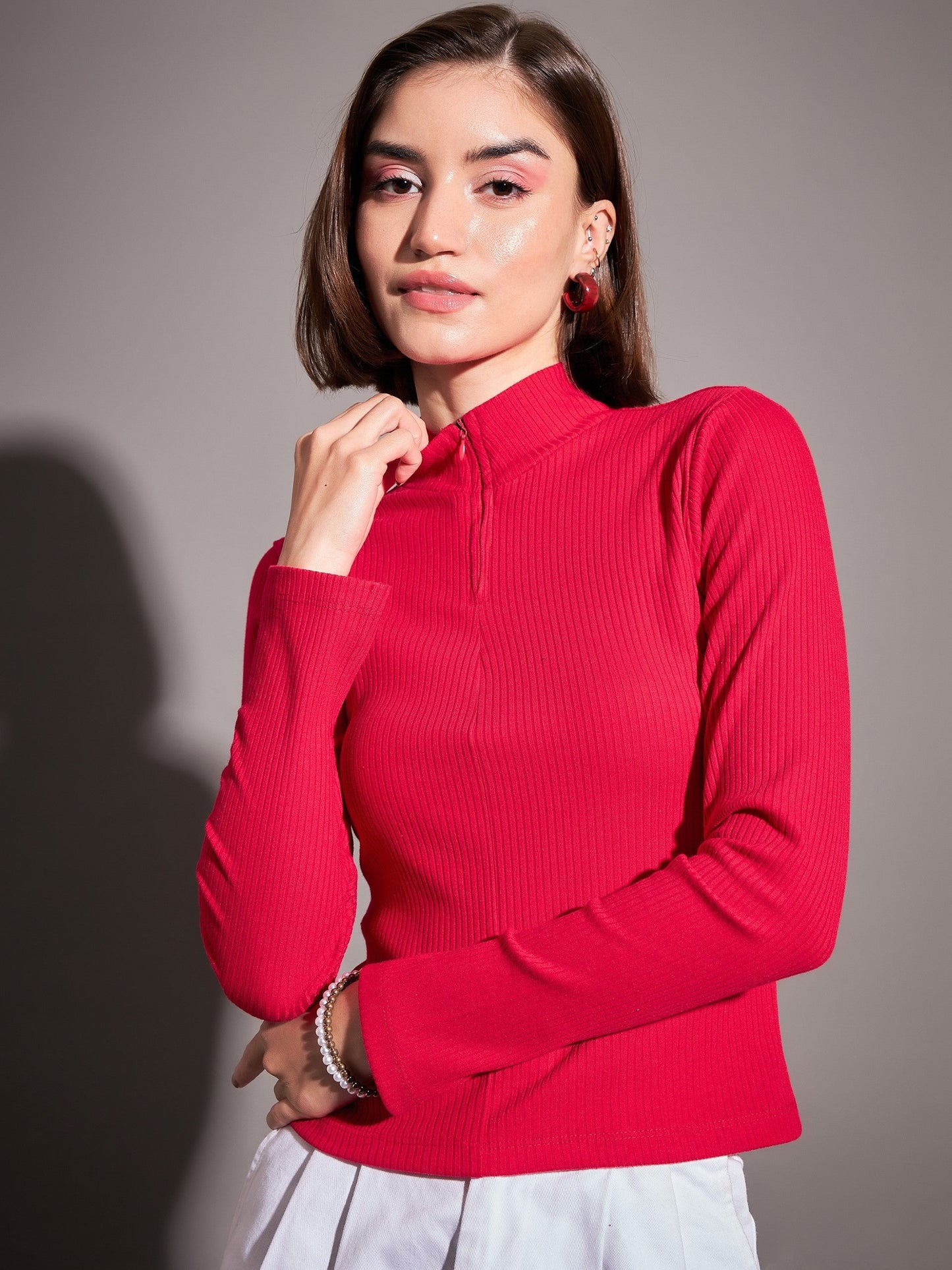 Pink Rib High Neck Front Zipper Top