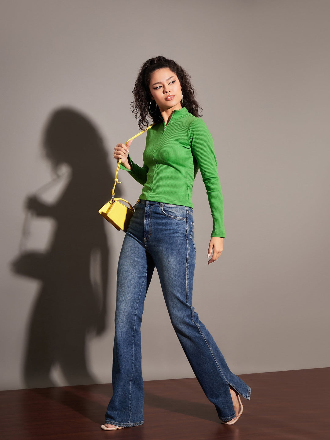 Women Green Rib High Neck Front Zipper Top