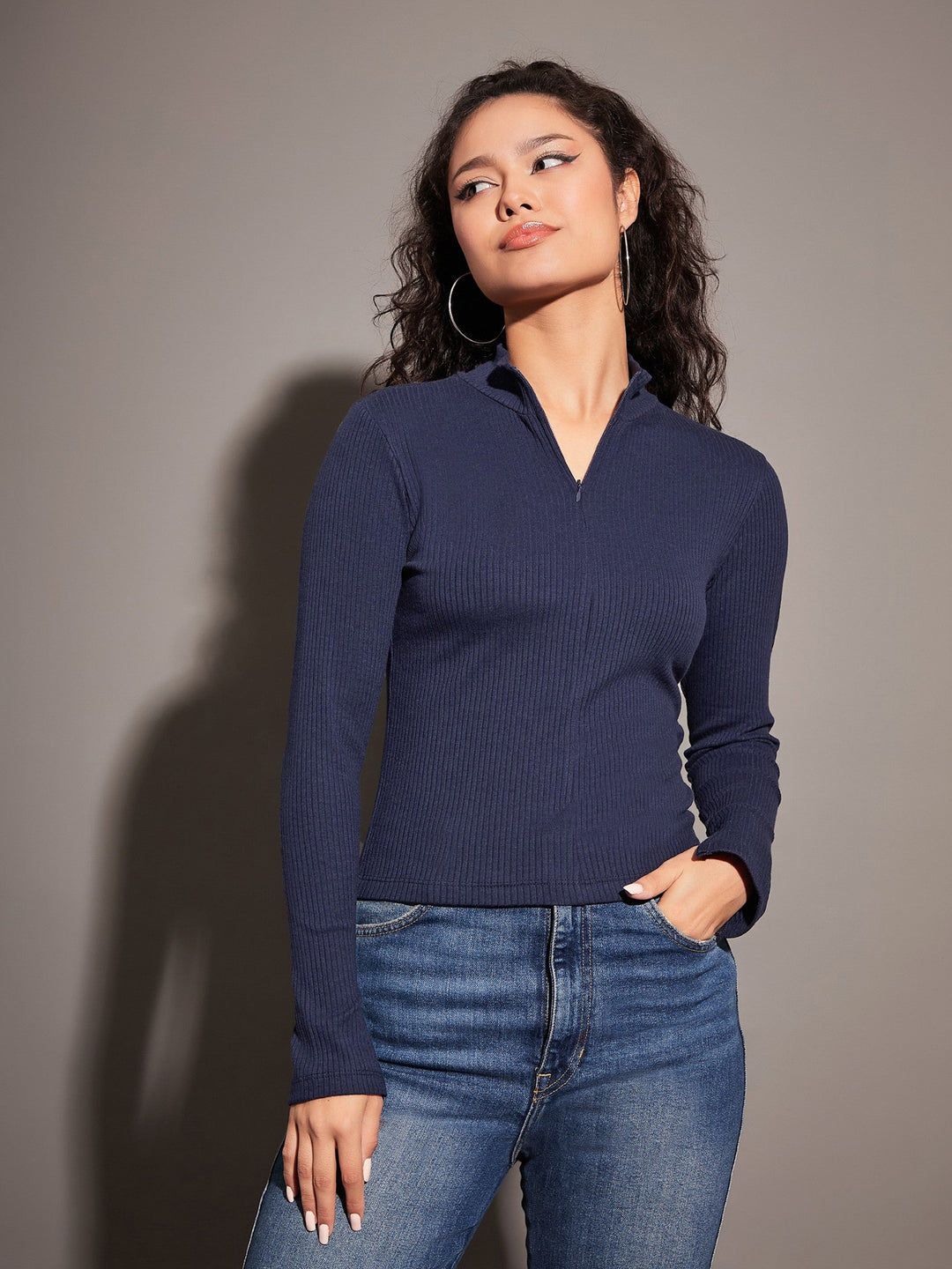 Women's Women Navy Rib High Neck Front Zipper Top in Cotton by Sassafras for wholesale, bulk, supplier, manufacturer and wholesaler buyers from Trendphoria
