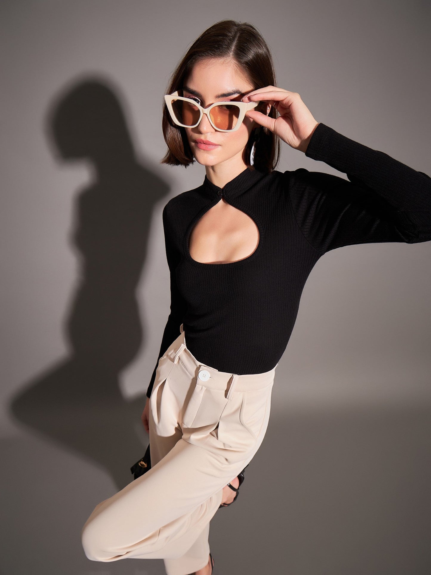 Black Rib Neck Cut Out Top