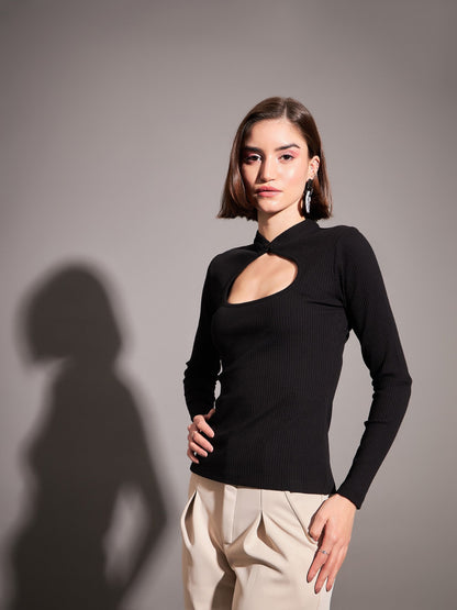 Black Rib Neck Cut Out Top