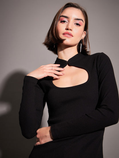 Black Rib Neck Cut Out Top