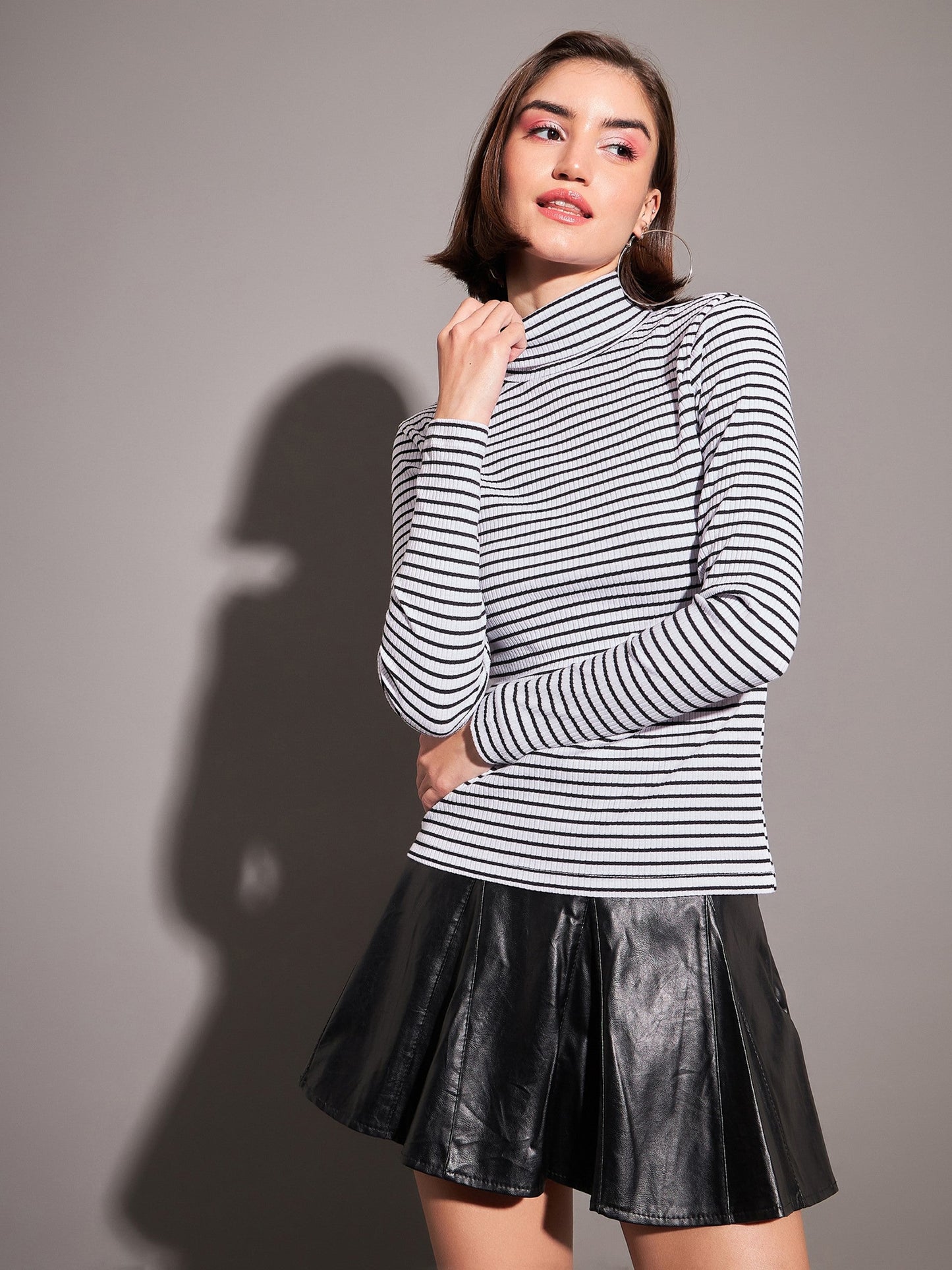 Black & White Striped Rib High Neck Top