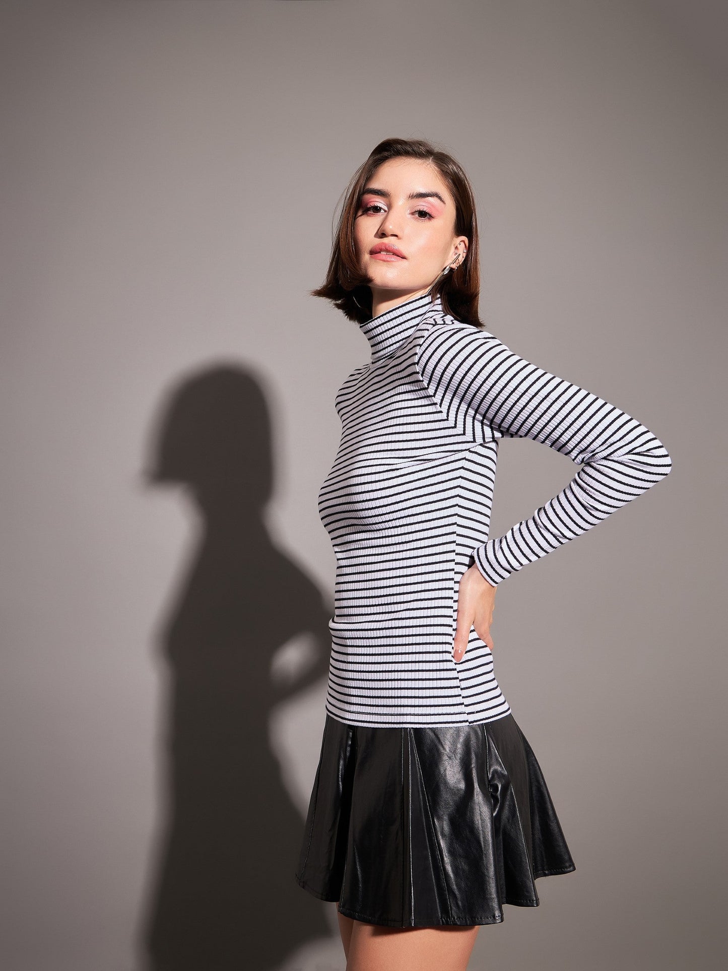 Black & White Striped Rib High Neck Top