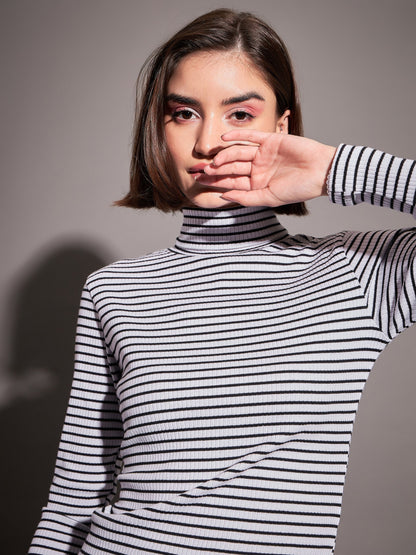 Black & White Striped Rib High Neck Top