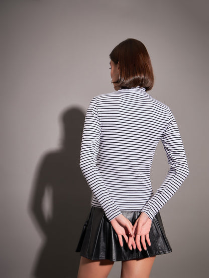 Black & White Striped Rib High Neck Top