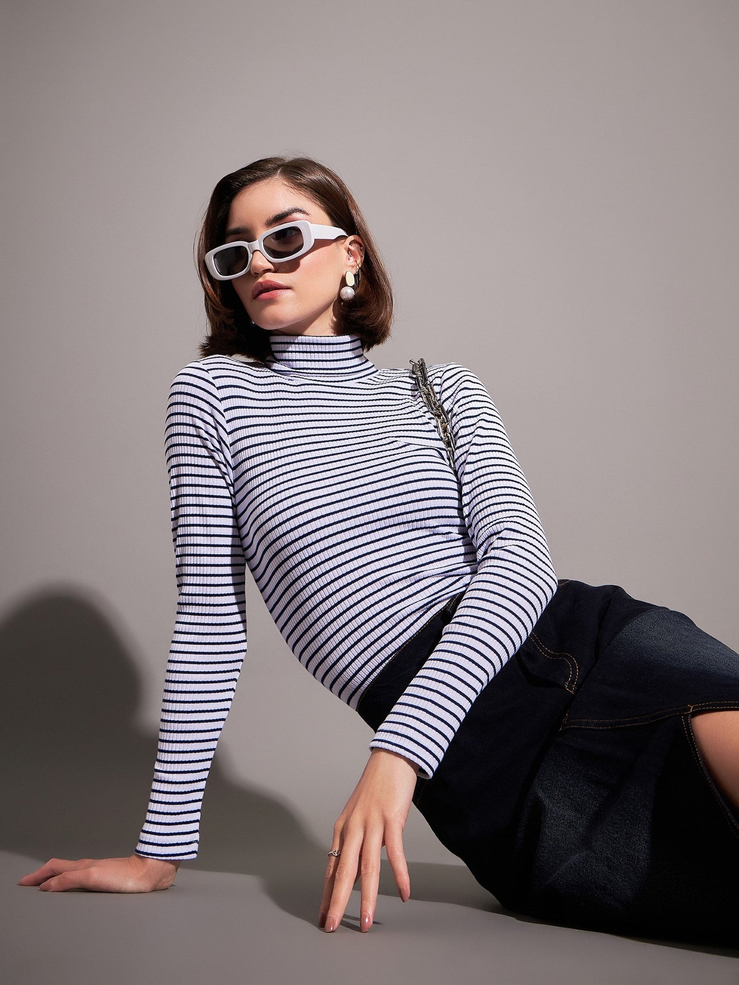 Women Navy & White Striped Rib High Neckib Top