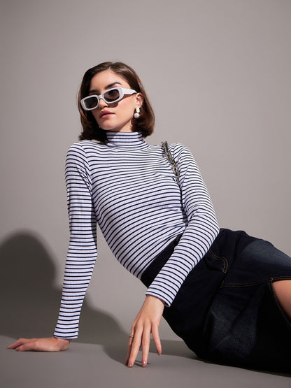 Women Navy & White Striped Rib High Neckib Top