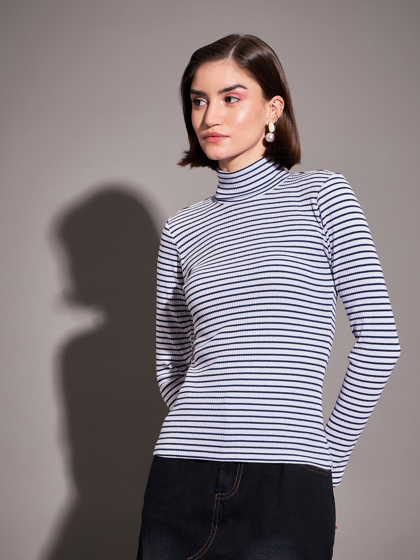 Women Navy & White Striped Rib High Neckib Top
