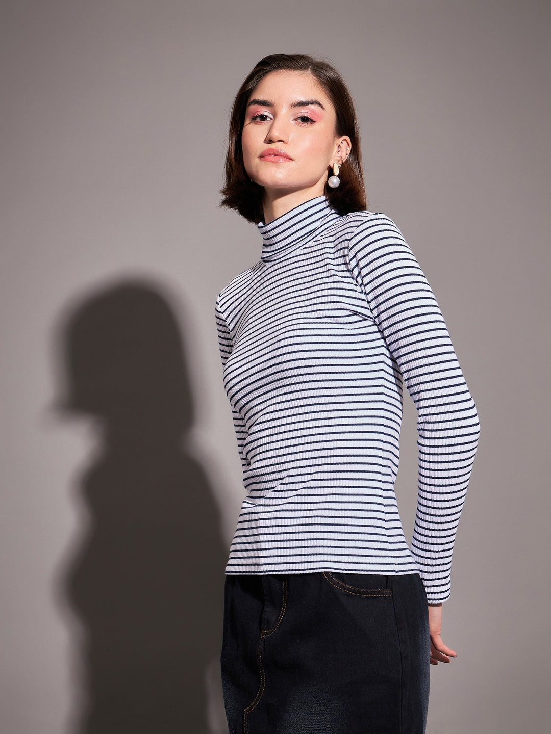Women Navy &amp; White Striped Rib High Neckib Top
