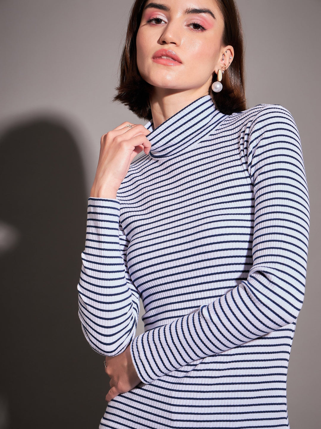 Women Navy &amp; White Striped Rib High Neckib Top
