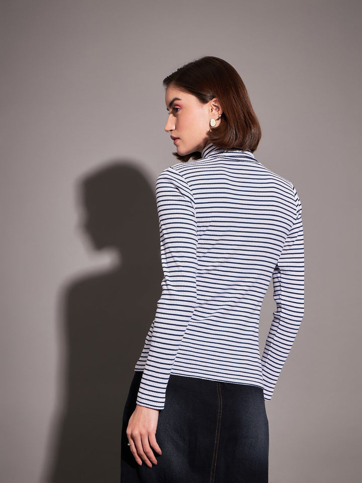 Women Navy &amp; White Striped Rib High Neckib Top
