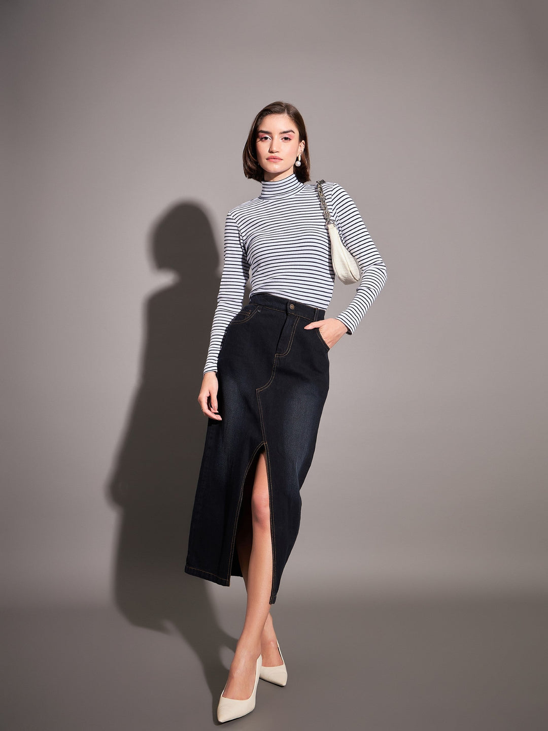 Women Navy &amp; White Striped Rib High Neckib Top