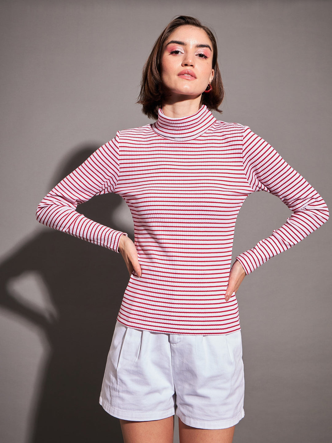 Women Red &amp; White Striped Rib High Neck Top