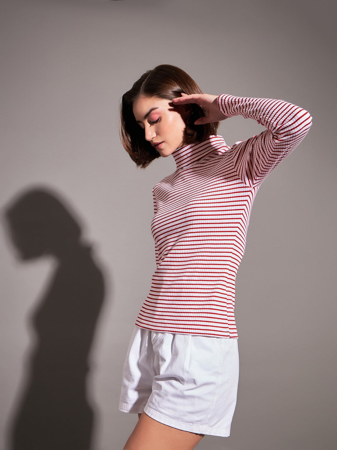 Women Red &amp; White Striped Rib High Neck Top