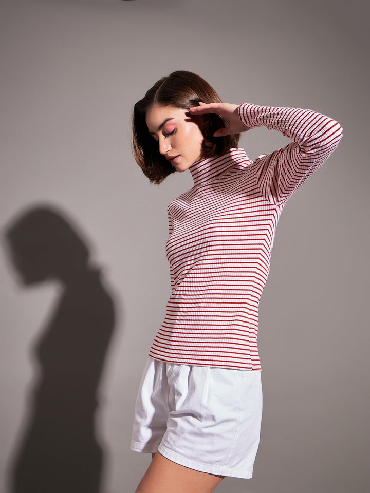 Women Red &amp; White Striped Rib High Neck Top
