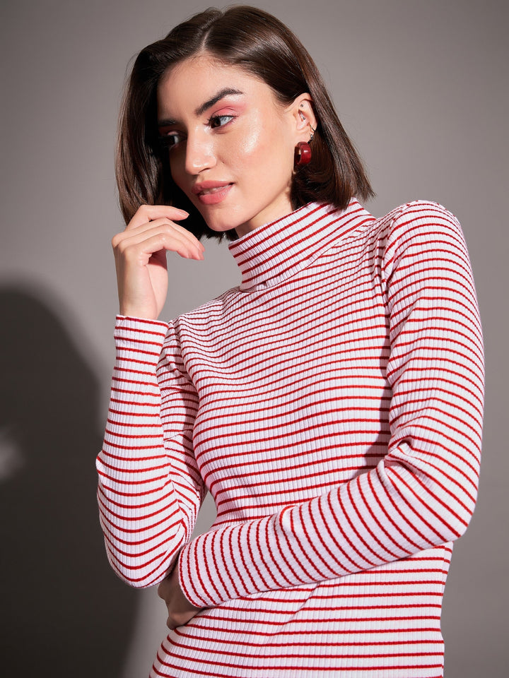 Women Red &amp; White Striped Rib High Neck Top