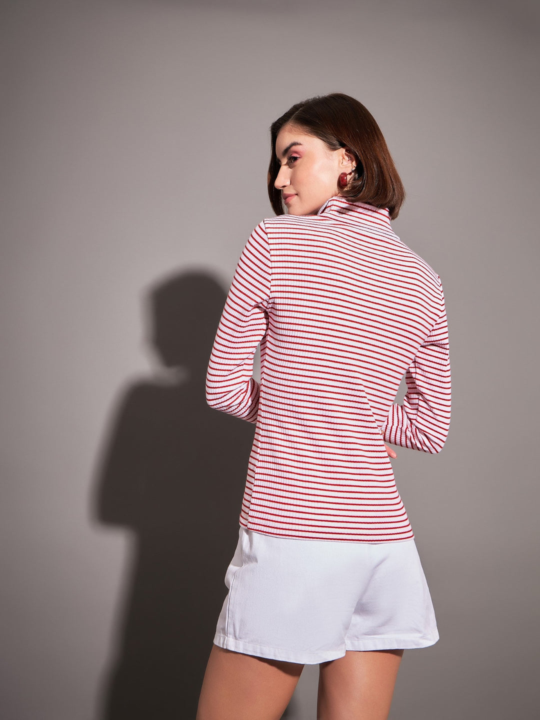 Women Red &amp; White Striped Rib High Neck Top