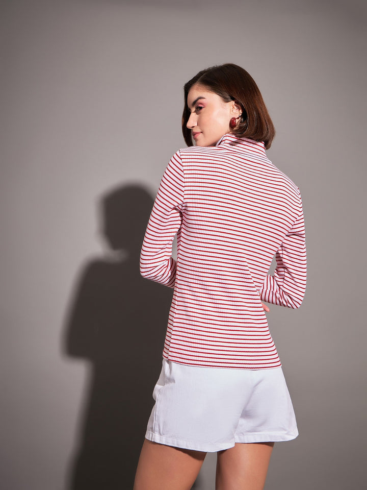 Women Red &amp; White Striped Rib High Neck Top