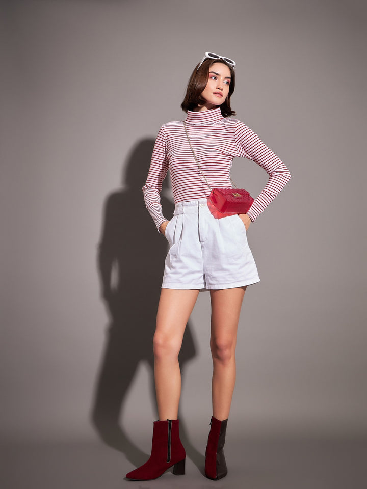 Women Red &amp; White Striped Rib High Neck Top