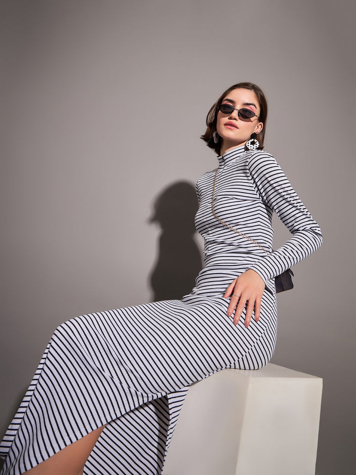 Women Black &amp; White Striped Rib High Neck Front Zipper Top