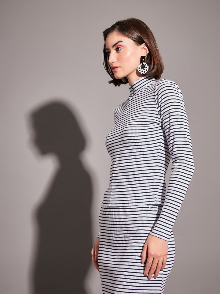 Women Black &amp; White Striped Rib High Neck Front Zipper Top