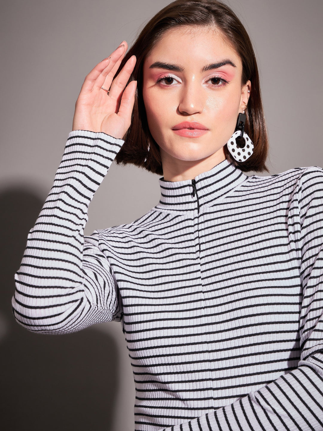 Women Black &amp; White Striped Rib High Neck Front Zipper Top