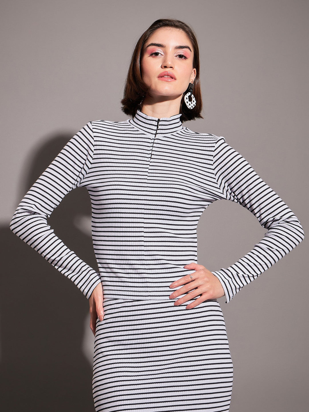 Women Black &amp; White Striped Rib High Neck Front Zipper Top