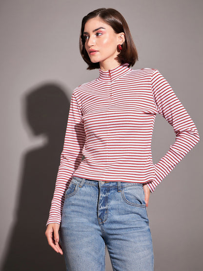 Red & White Striped Rib High Neck Front Zipper Top