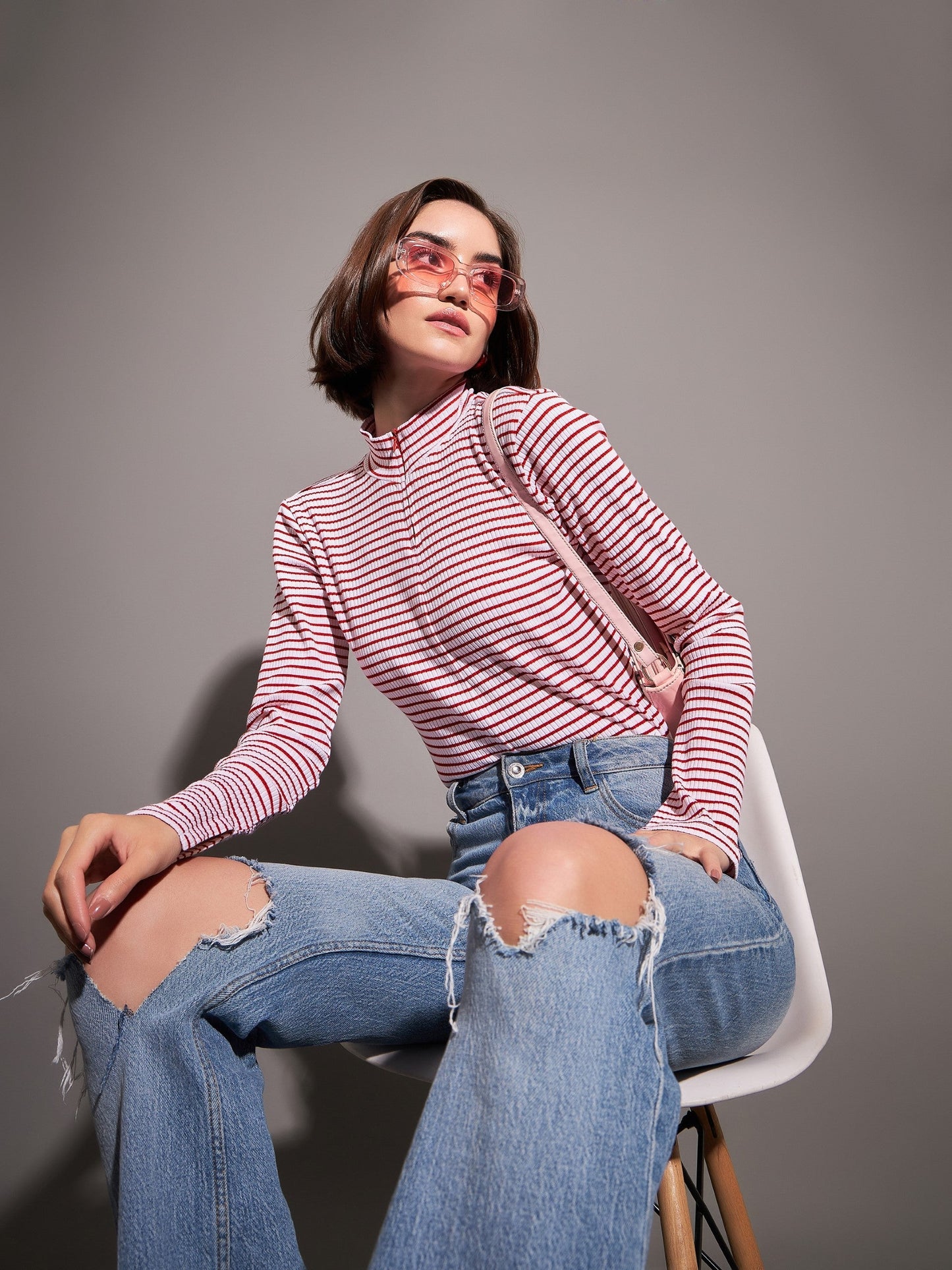 Red & White Striped Rib High Neck Front Zipper Top