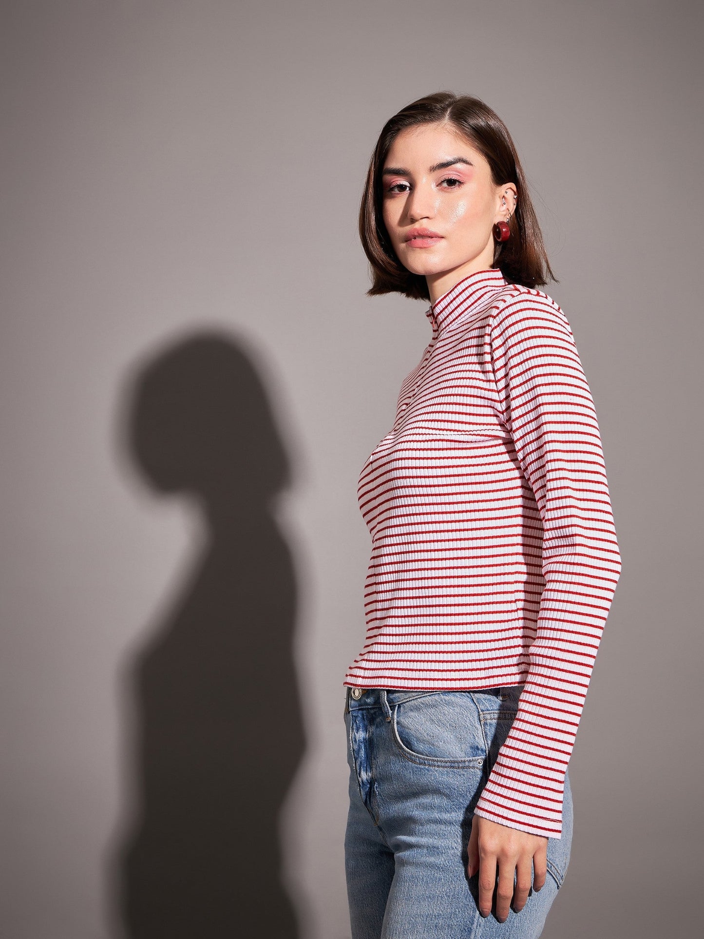 Red & White Striped Rib High Neck Front Zipper Top