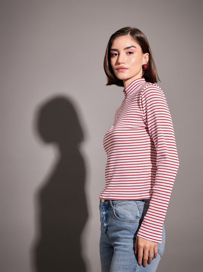 Red & White Striped Rib High Neck Front Zipper Top