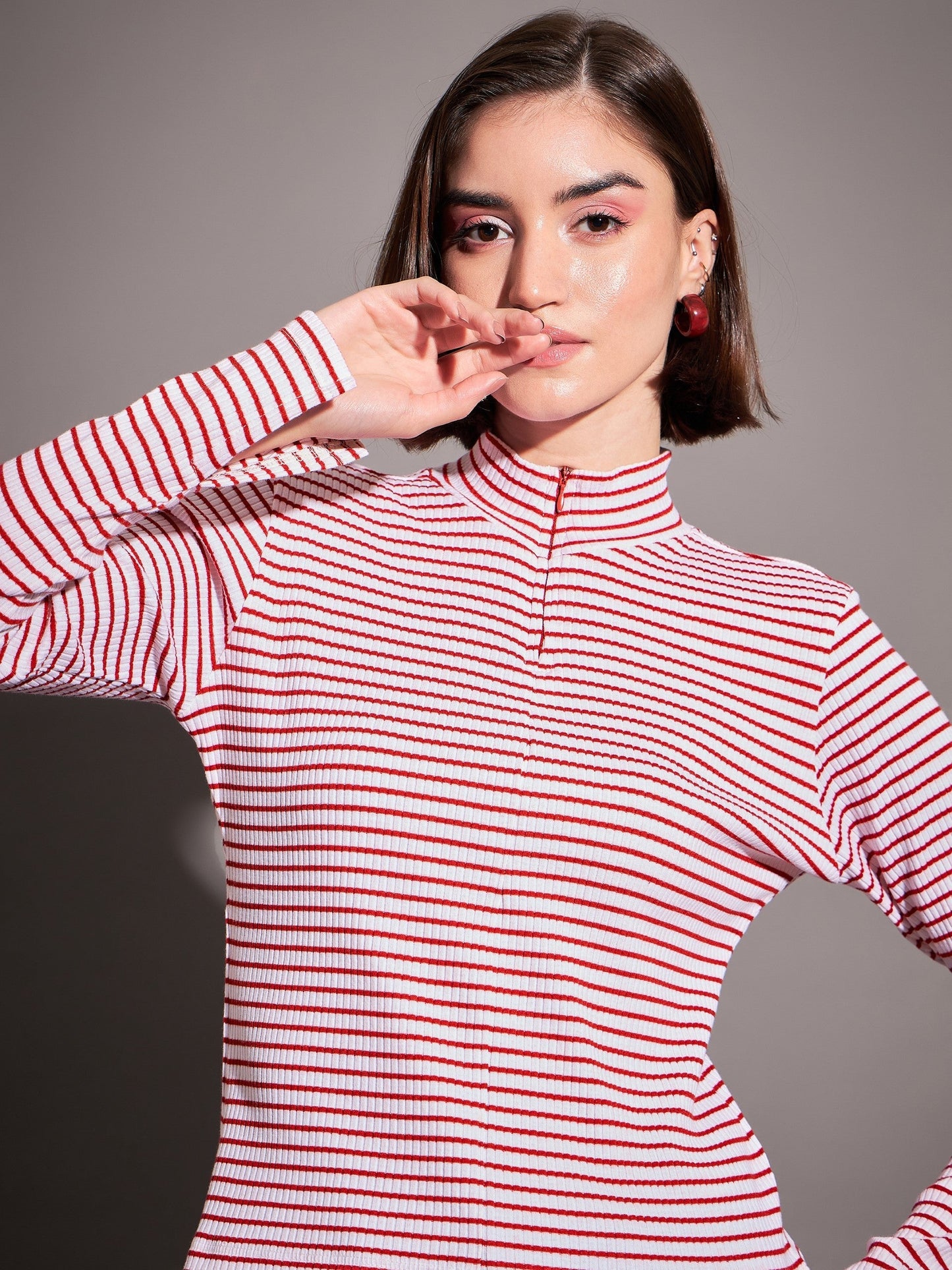 Red & White Striped Rib High Neck Front Zipper Top