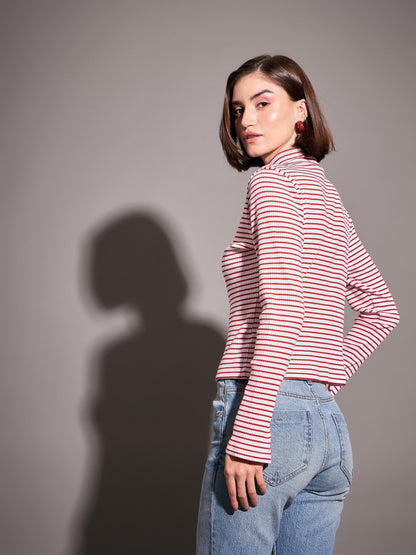 Red & White Striped Rib High Neck Front Zipper Top