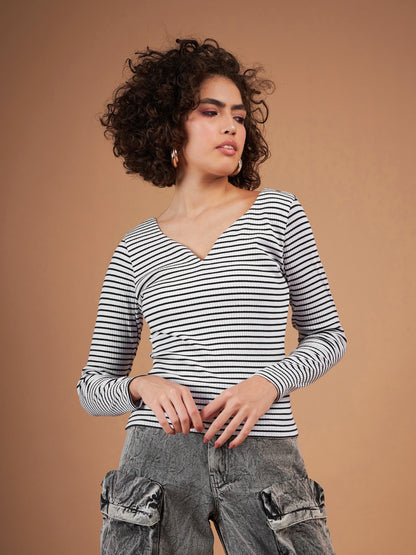 Black & White Striped Rib Sweetheart Neck Top