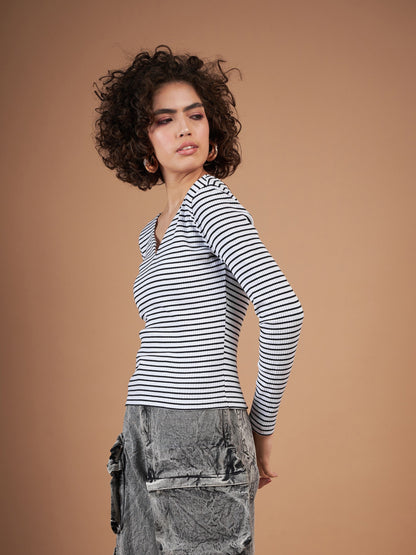 Black & White Striped Rib Sweetheart Neck Top
