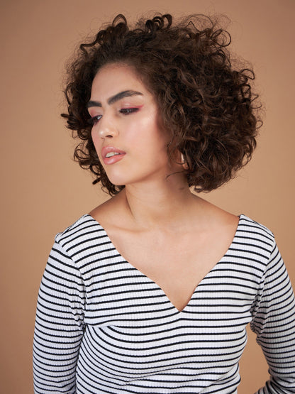 Black & White Striped Rib Sweetheart Neck Top
