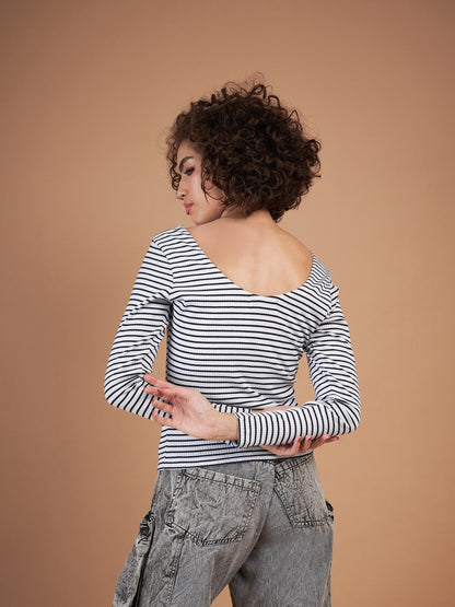 Black & White Striped Rib Sweetheart Neck Top