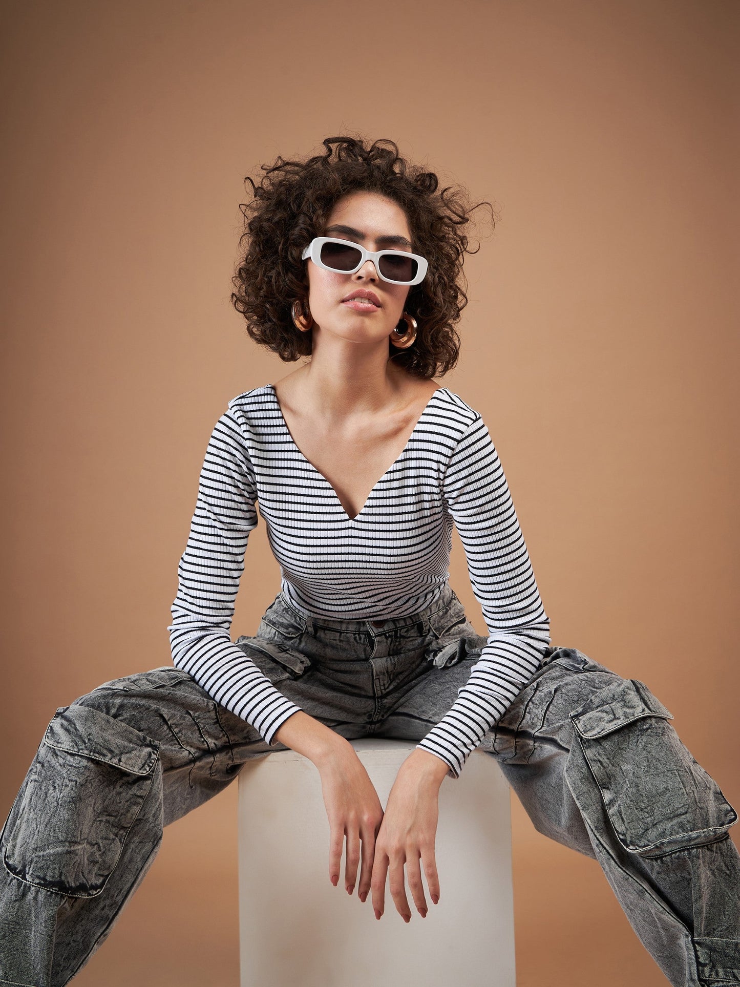 Black & White Striped Rib Sweetheart Neck Top